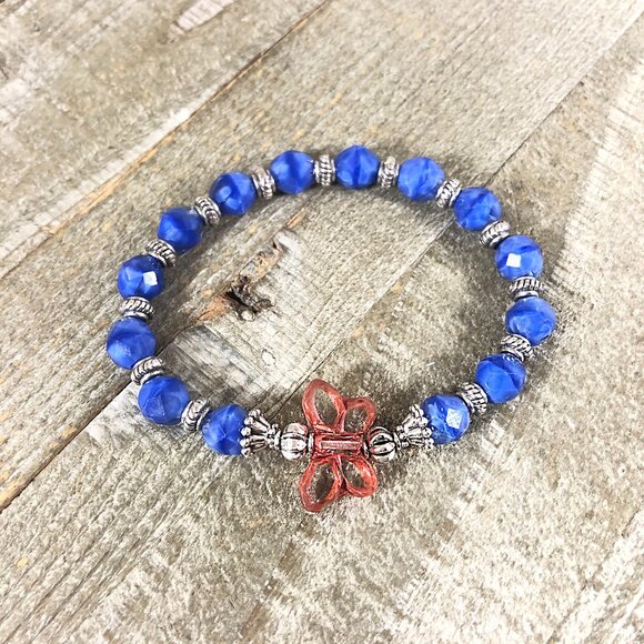 Stacking Bracelet with Czech Glass Silky Royal Blue Beads, Red Butterfly - Picture 1 of 3